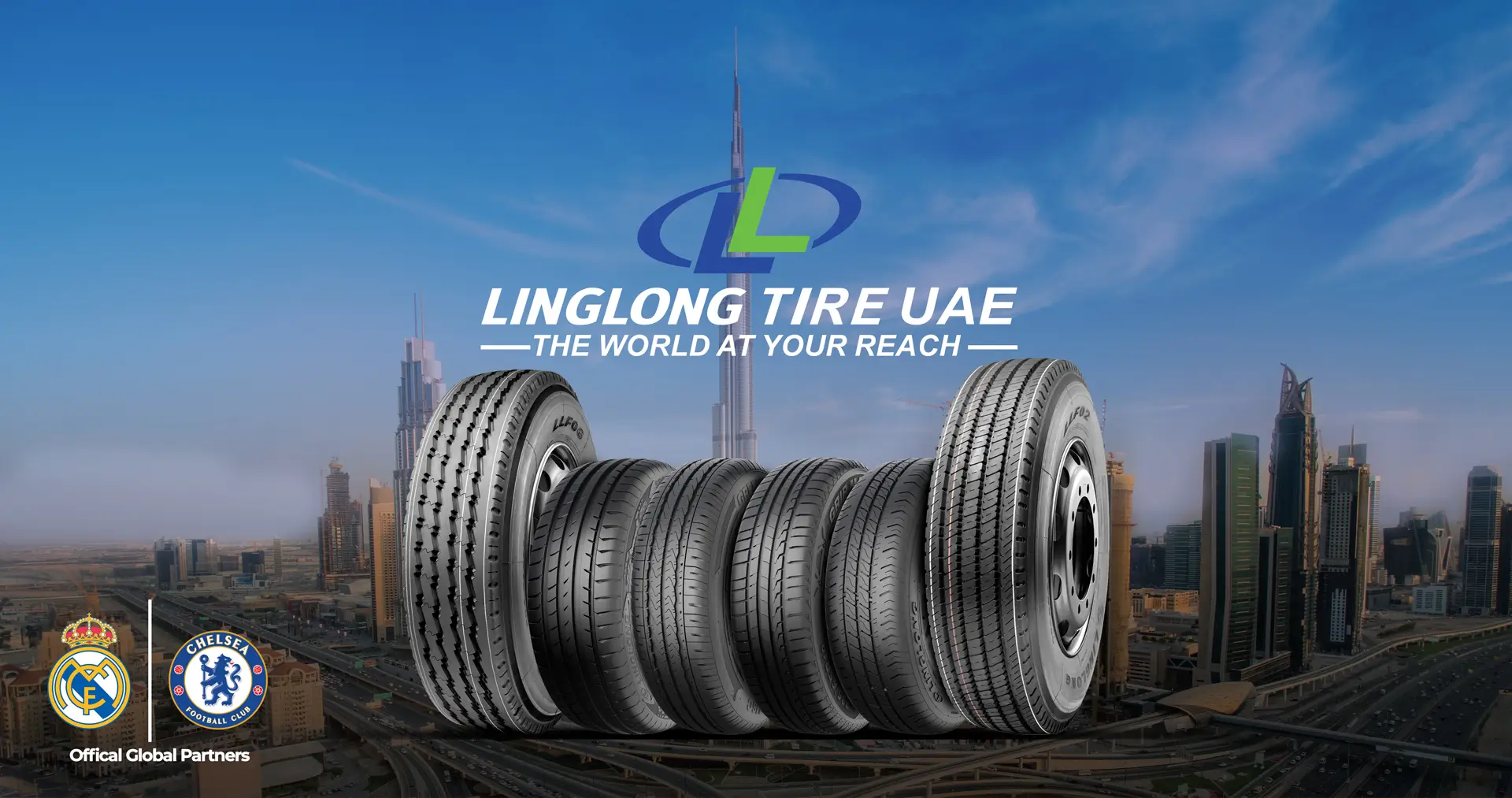 Linlong Tires UAE – The World at Your Reach Linlong Tires UAE displayed with Burj Khalifa in the background, showcasing various tire models and football club partnerships.